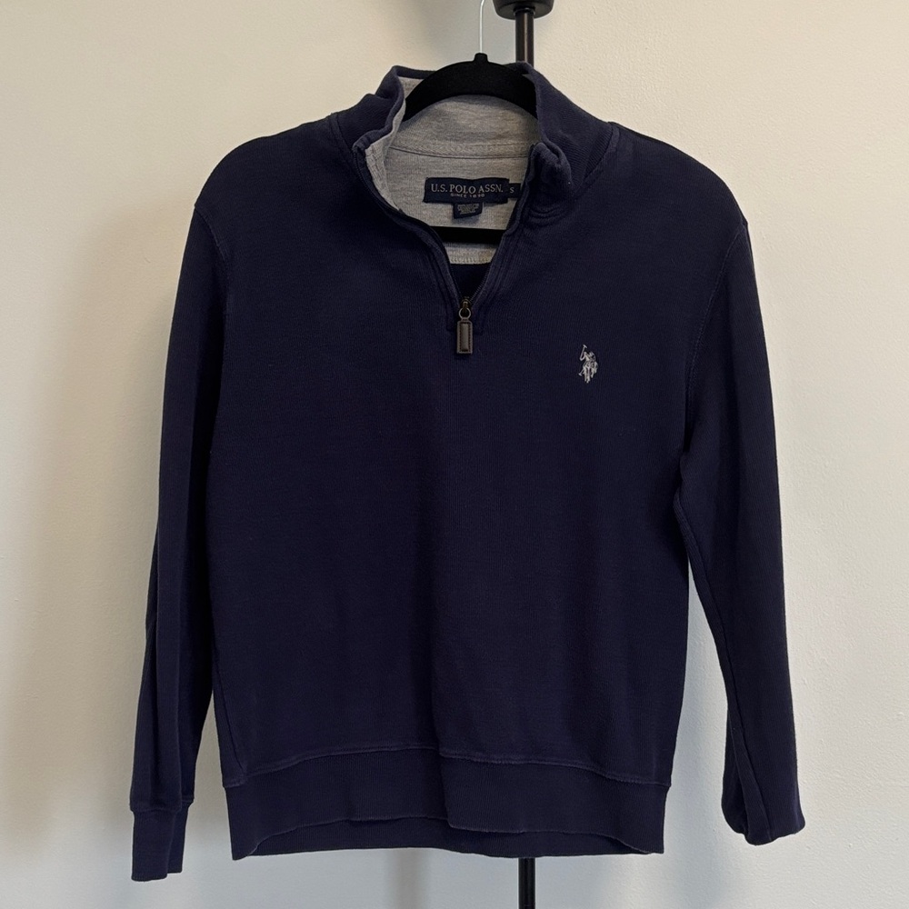 U.S. Polo Assn. Men's Dark Blue 1/4 Zip Mock Neck Flatback Pullover Sweater